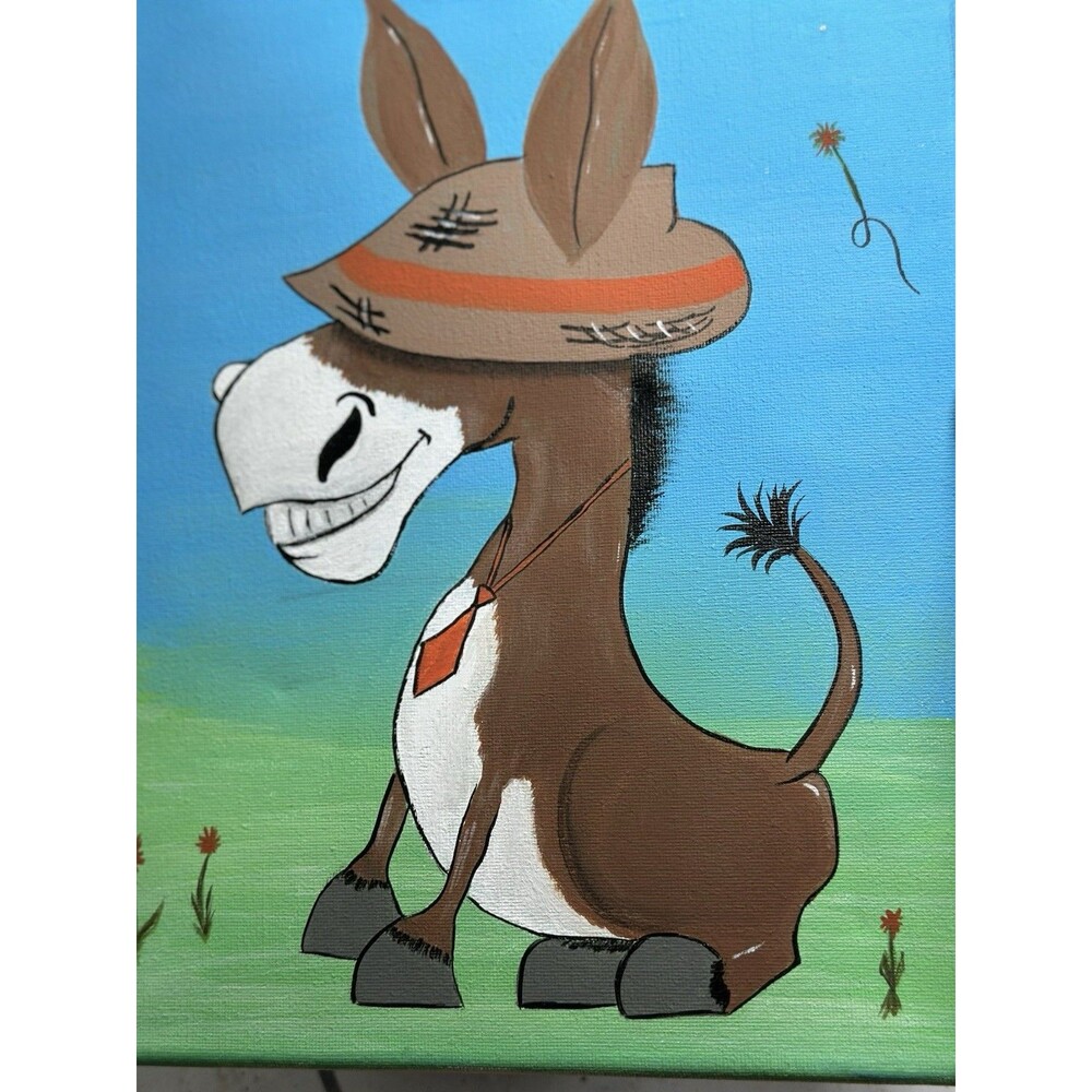 Original Acrylic Whimsical Cartoon Painting On Canvas Happy Donkey Signed